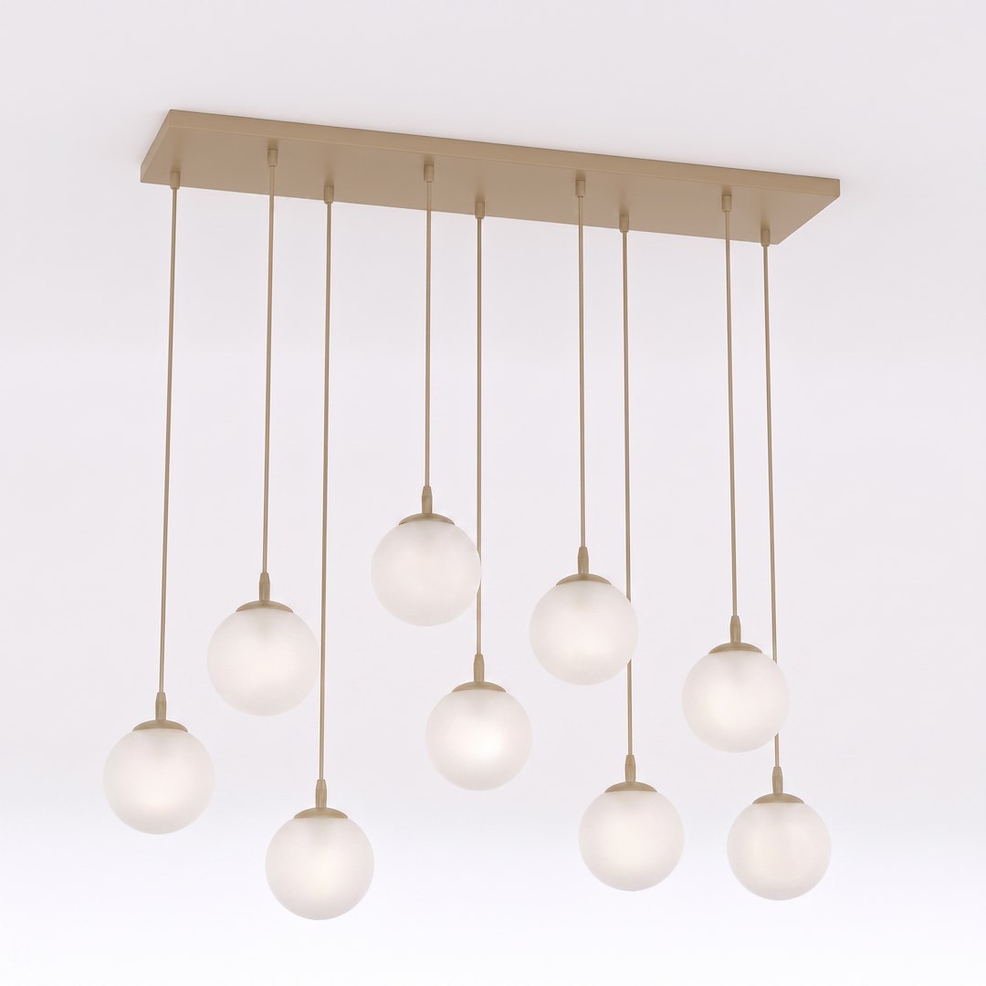 Vue de face des neuf globes blancs suspendus sous une barre beige