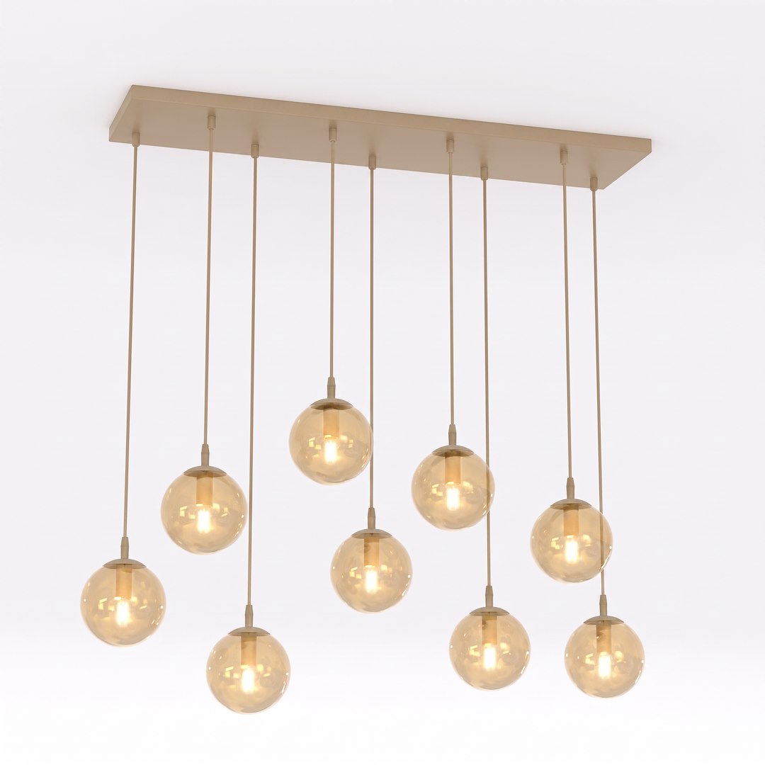 Suspension neuf globes de verre ambré suspendus à une plaque rectangulaire beige, fond blanc