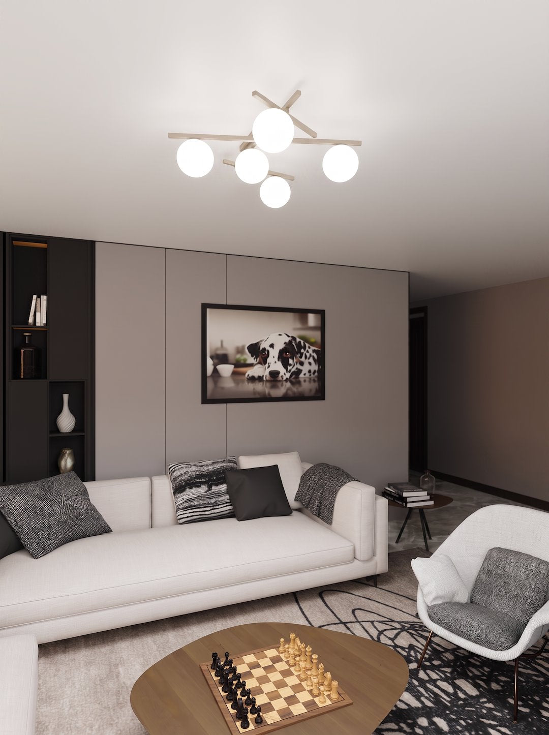 Mise en ambiance du plafonnier allumé dans un salon moderne avec canapé beige