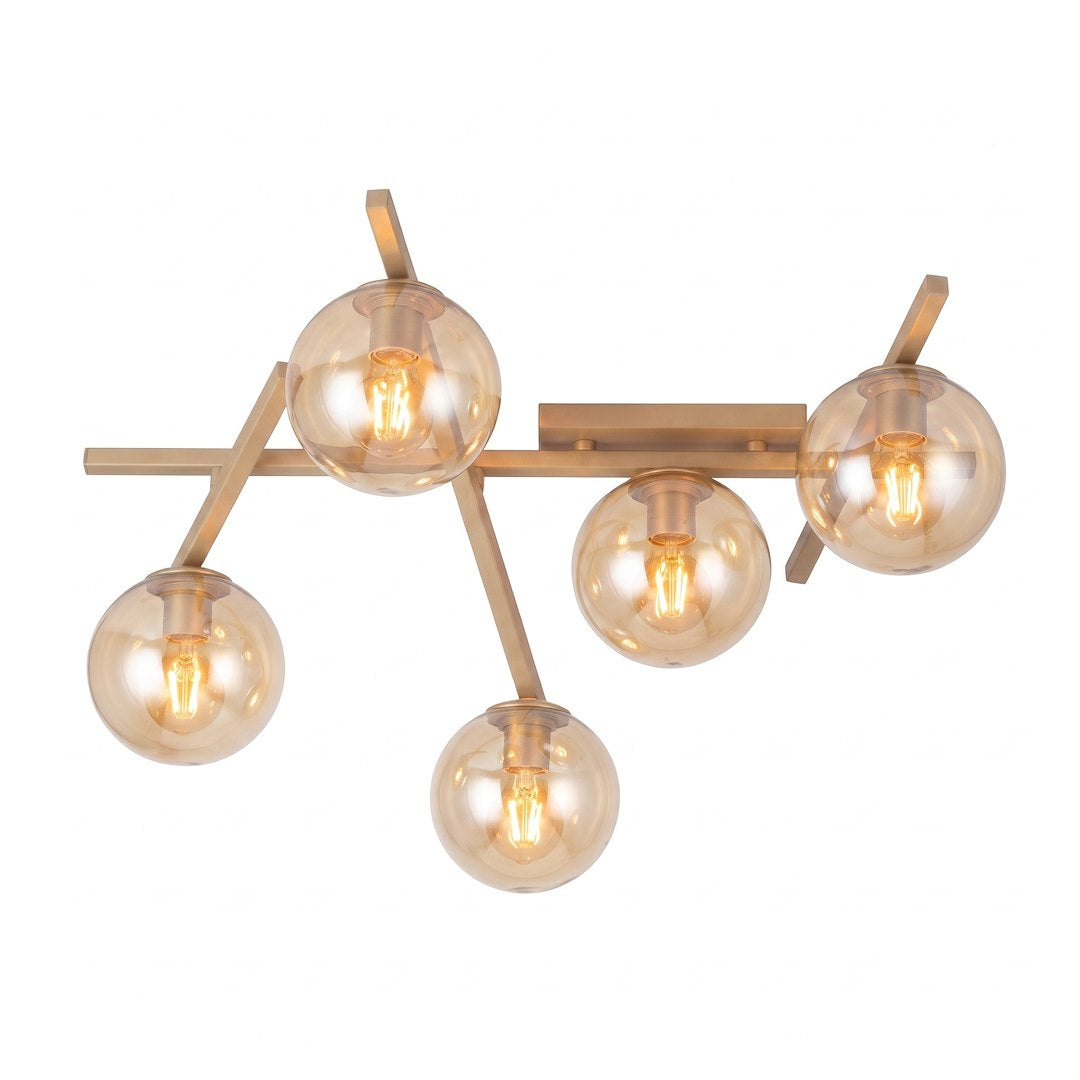 Vue de face du plafonnier cinq globes ambrés sur structure beige, fond blanc.