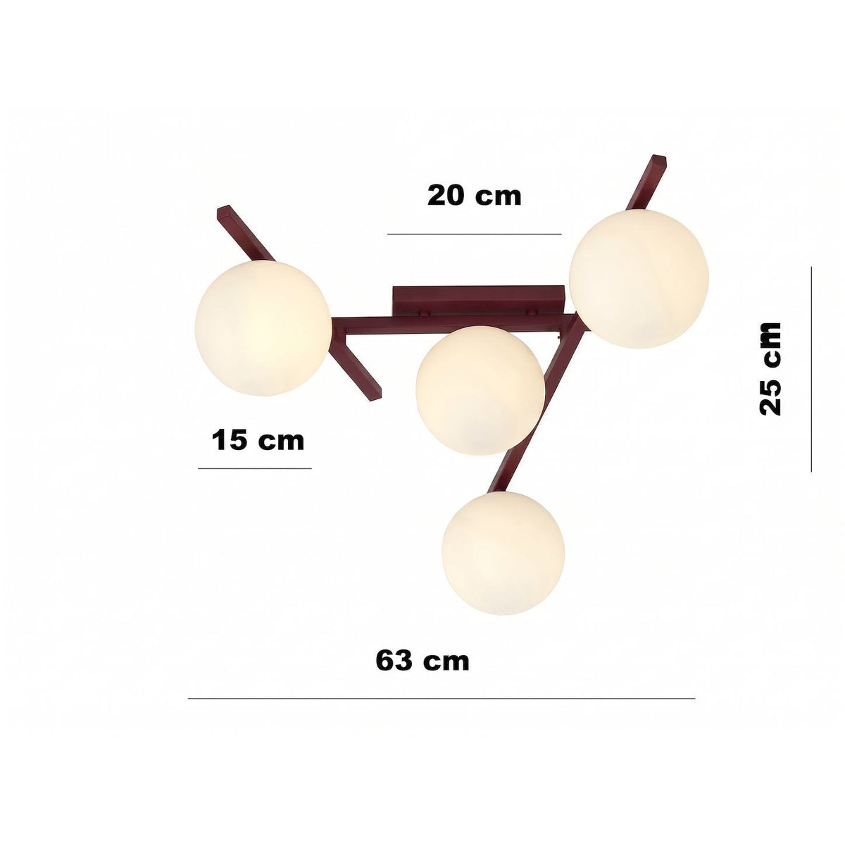 Schéma coté : 63 cm de large, 25 cm de haut, base 20 cm.