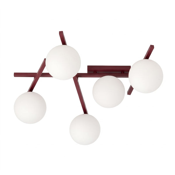 Plafonnier Smart 5 lumières bordeaux, verre blanc