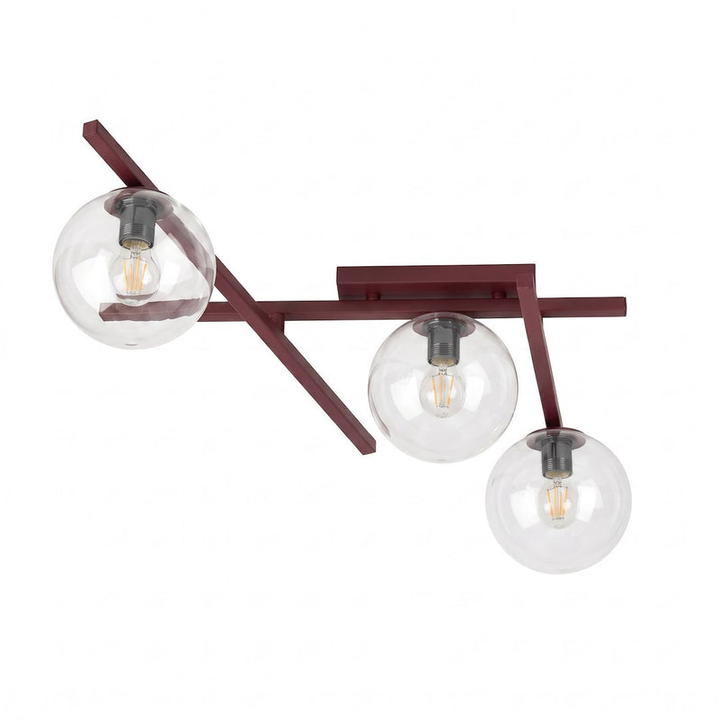 Plafonnier Smart 3 lumières bordeaux, verre transparent