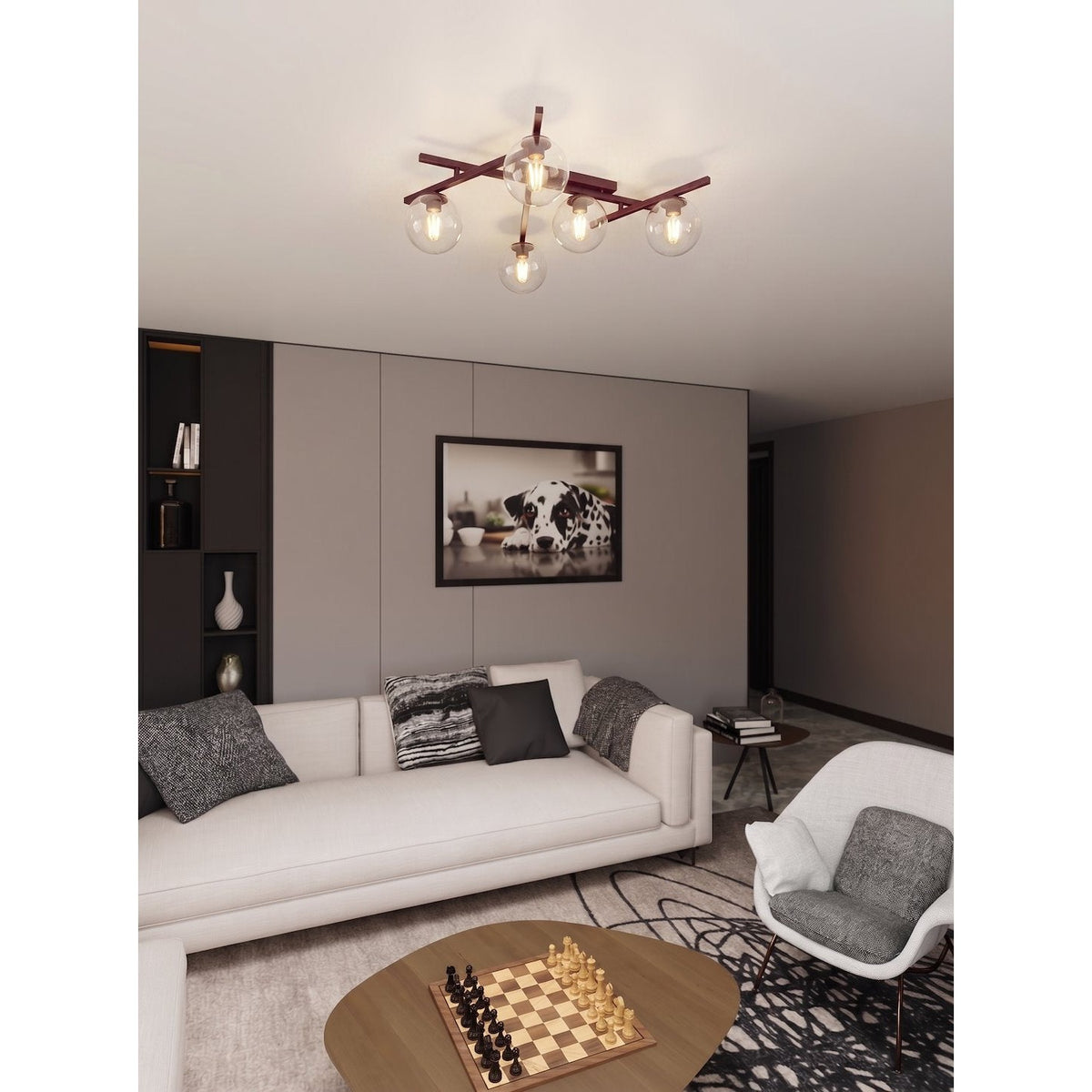 Luminaire installé au plafond d'un séjour contemporain avec canapé et tableau