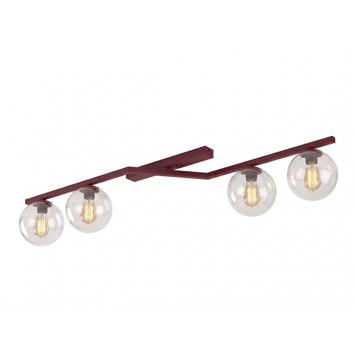 Plafonnier vu de face sur fond blanc, structure bordeaux et quatre globes en verre transparent