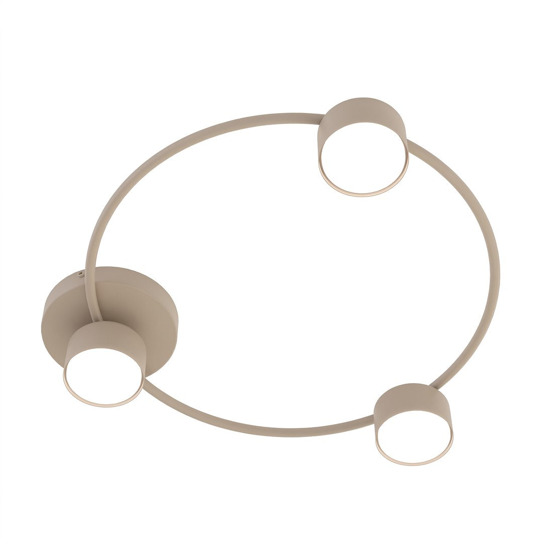 Plafonnier beige vu de face, grand anneau et trois spots cylindriques fins
