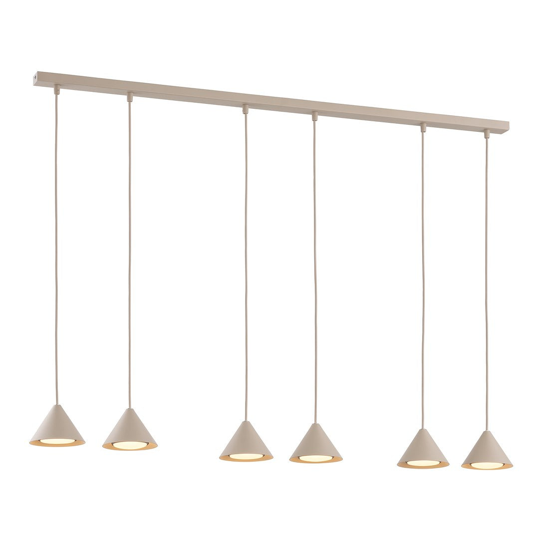 Vue d'ensemble du luminaire beige à six suspensions coniques sur rail linéaire