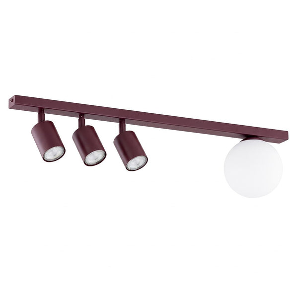 Plafonnier Baster 4 lumières bordeaux, verre blanc