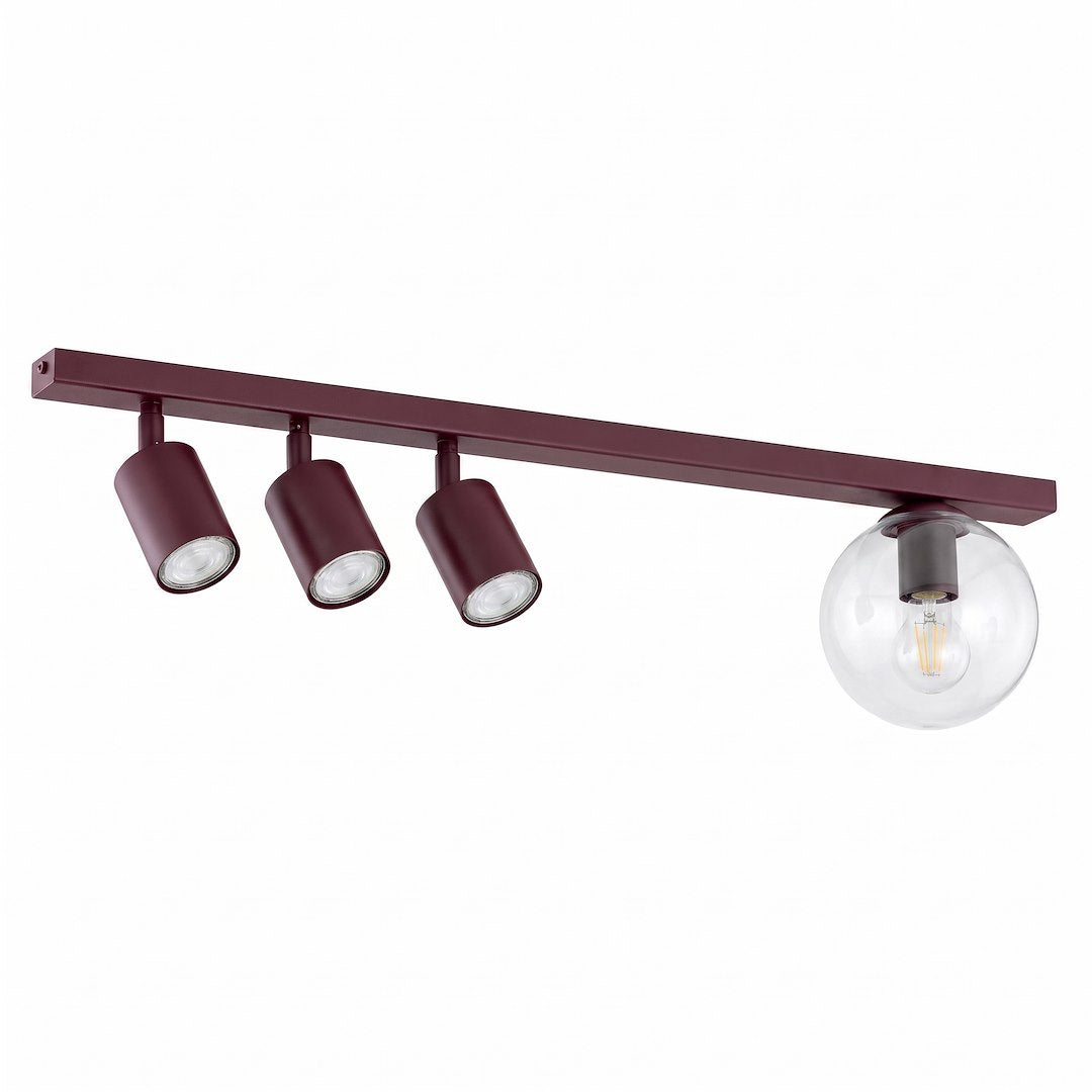 Vue de face du plafonnier bordeaux avec trois spots orientables et un globe en verre transparent