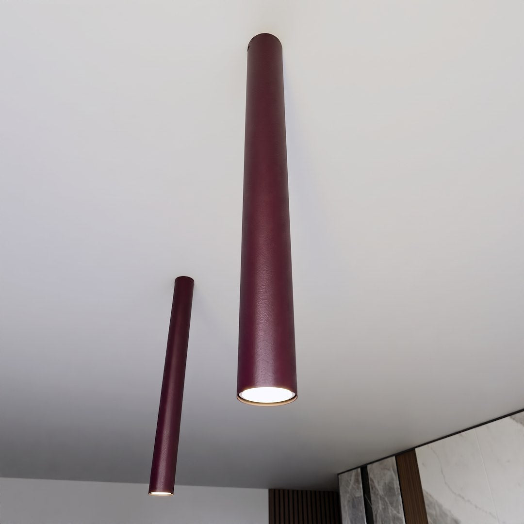 Deux plafonniers tubes de tailles différentes suspendus, texture mate et embout lumineux