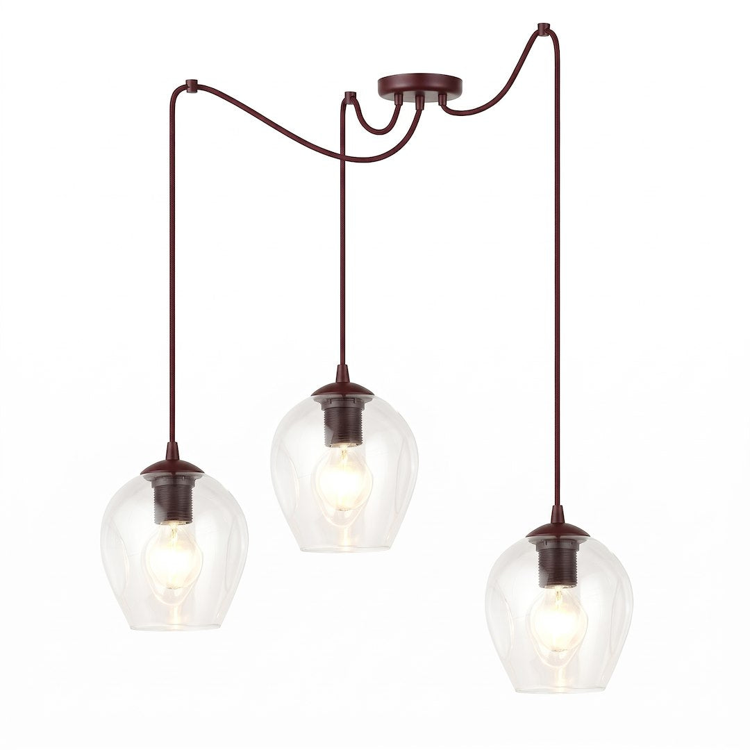 Suspension trois lumières, verre transparent et métal bordeaux, fond blanc de face