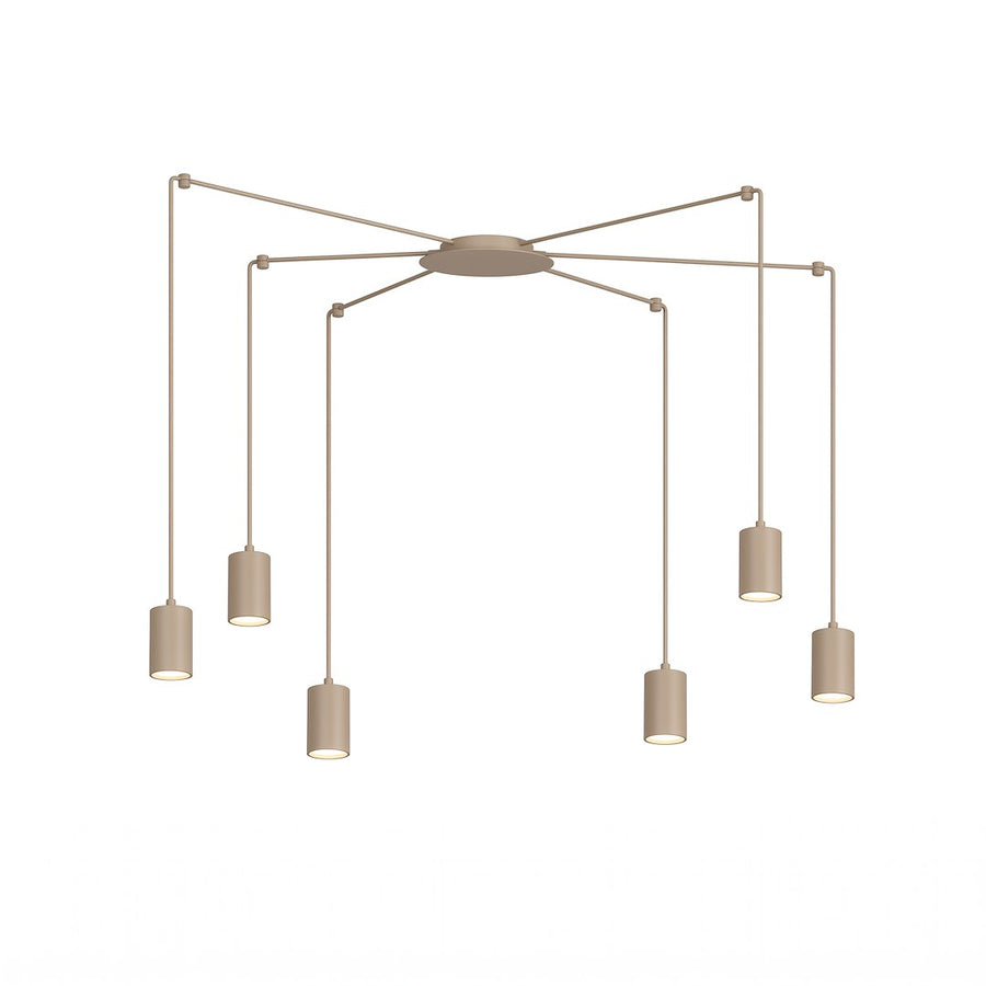 Suspension beige à six cylindres suspendus vue de face sur fond blanc