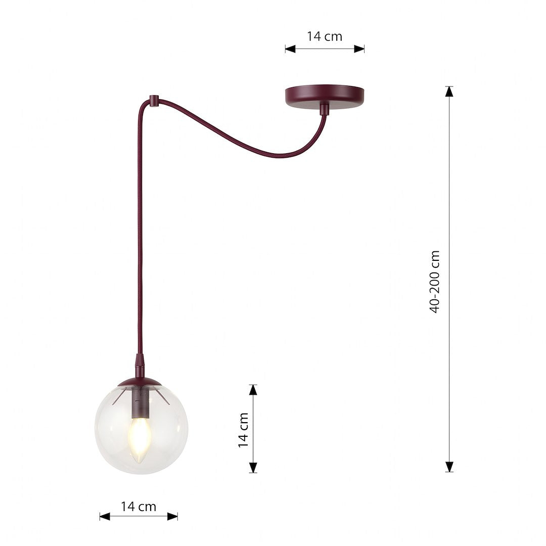 Schéma coté du luminaire, rosace et hauteur réglable de 40 à 200 cm