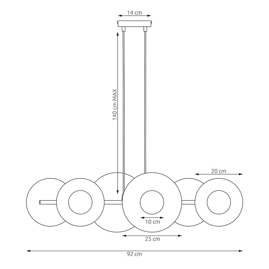 Schéma coté de la suspension, hauteur et largeur avec six diffuseurs