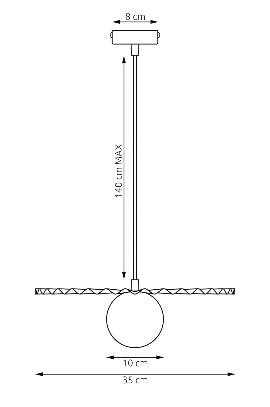 Schéma coté du luminaire : 140 cm maximum, 35 cm de large et 10 cm de globe