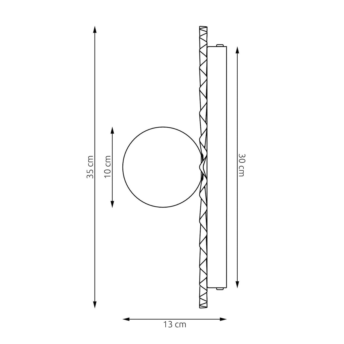 Schéma coté : hauteur 35 cm, fixation 30 cm, profondeur 13 cm, globe 10 cm.