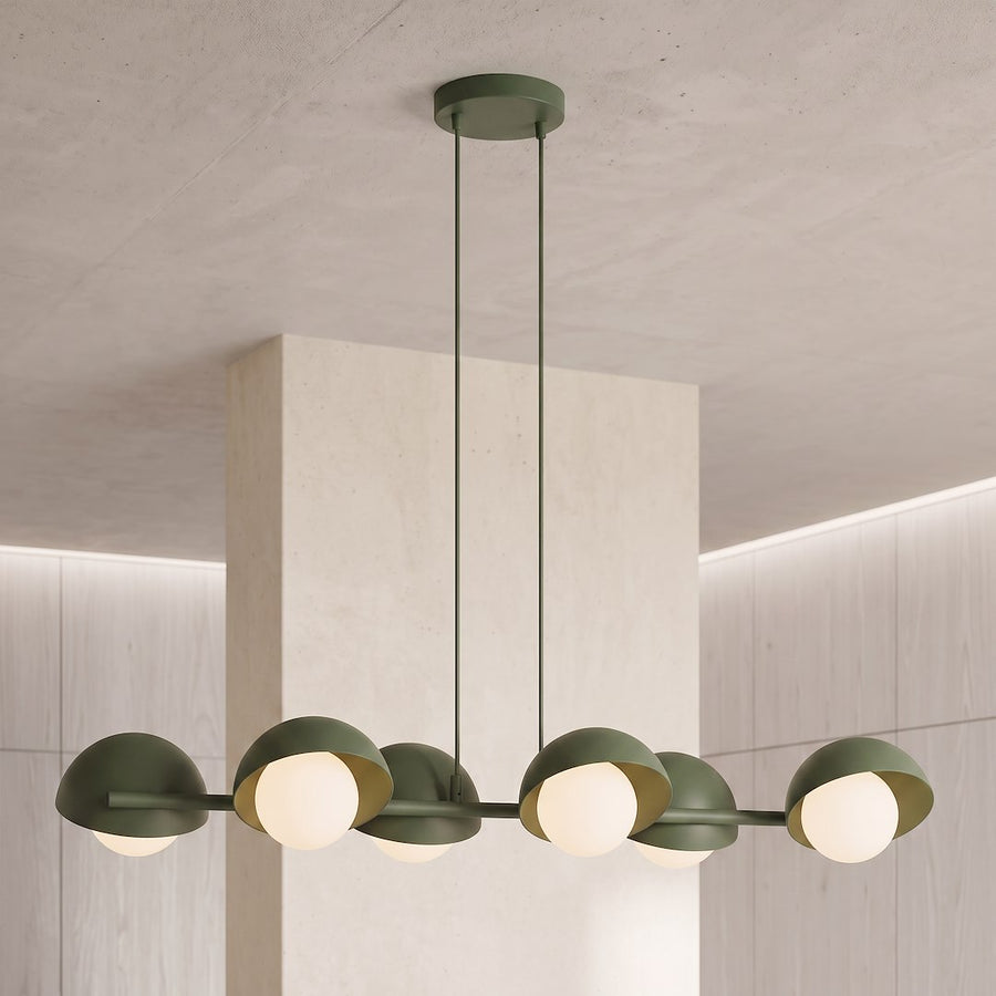 Suspension Boom 6 lumières verte, verre blanc