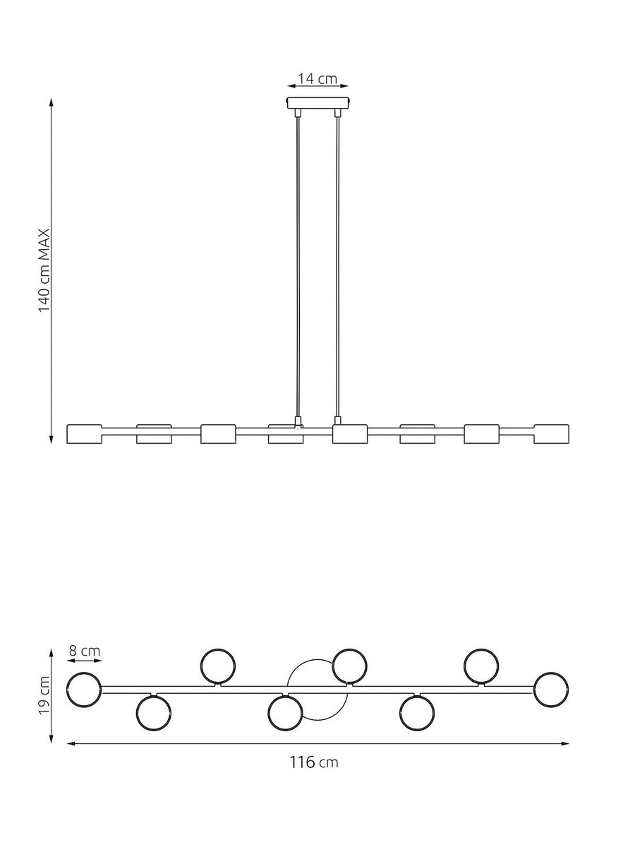 Schéma coté avec hauteur maximale, largeur et diamètre des cylindres.