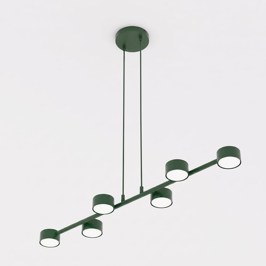 Vue de face du luminaire suspendu à six spots cylindriques verts sur barre linéaire