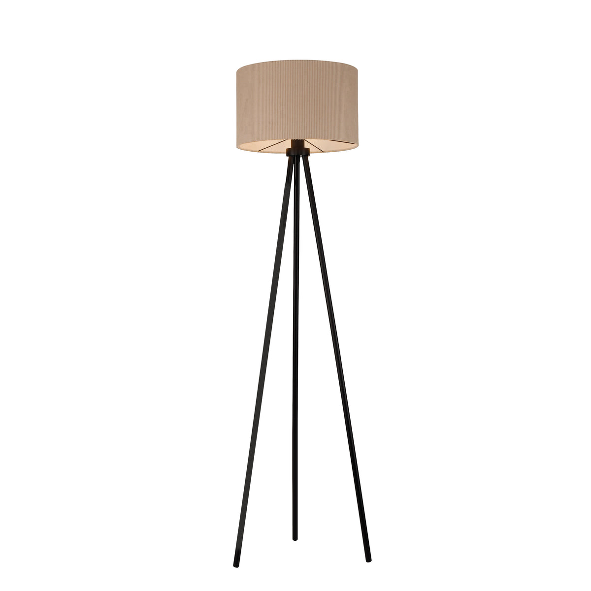 Vue de face du lampadaire trépied sombre et de son abat-jour sable