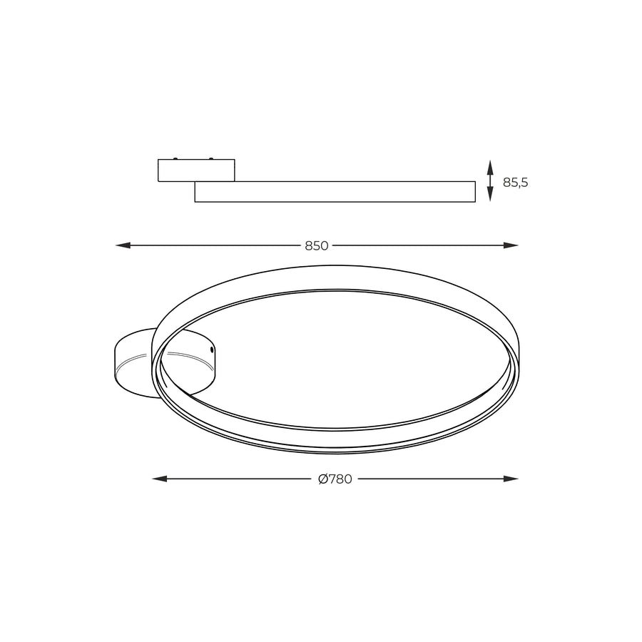 Schéma coté du luminaire, diamètre 780 mm et hauteur totale 85,5 mm