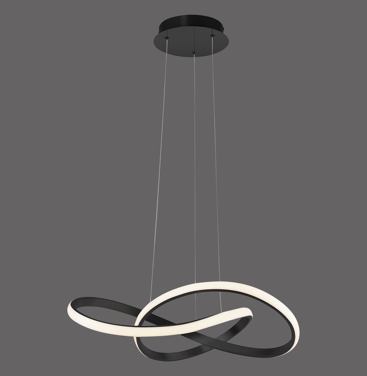 Suspension noire aux anneaux entrelacés lumineux, vue de face sur fond gris