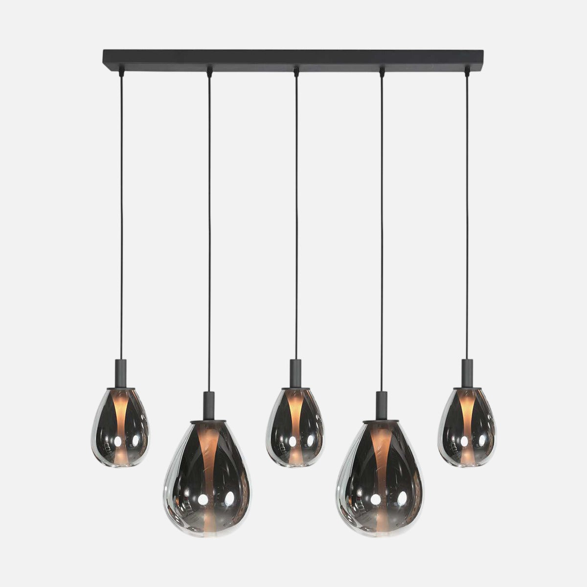 Suspension 5 lampes verres fumés noire Glimsy, barre 100 cm