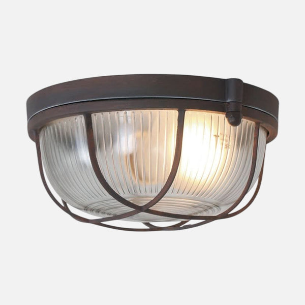 Round brown ceiling light, industrial bulkhead & ribbed glass Ø 17 cm | Lisanne