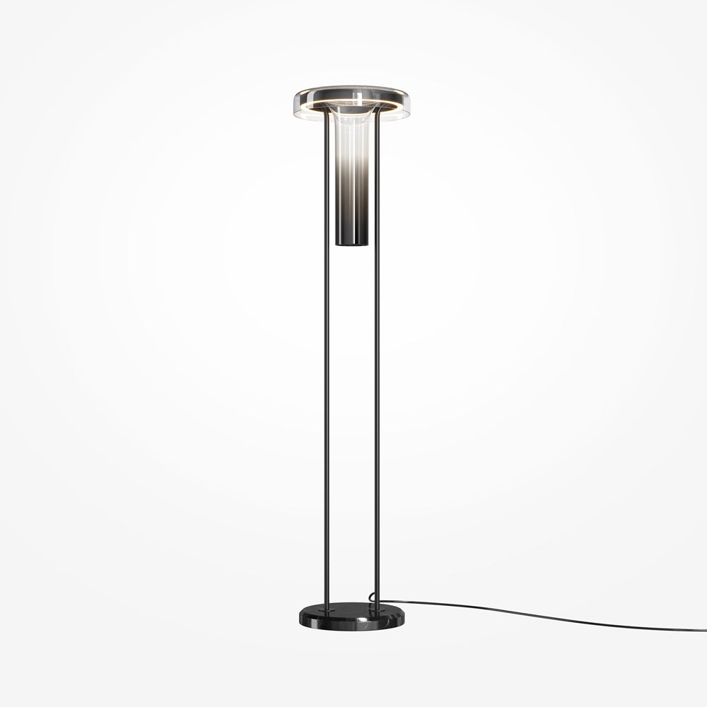 Lampadaire noir vu de face sur fond blanc, structure fine et cylindre de verre