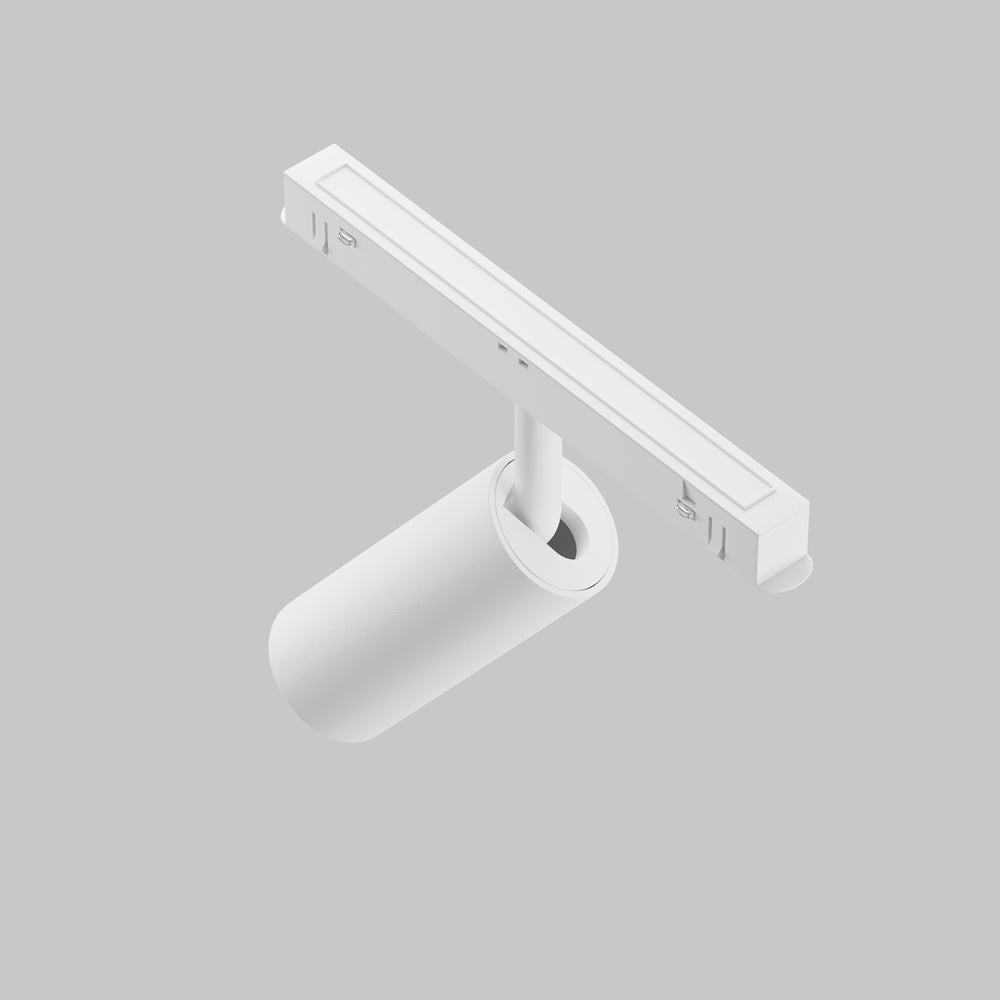 Vue technique du rail avec connecteurs et du spot cylindrique, rendu 3D gris