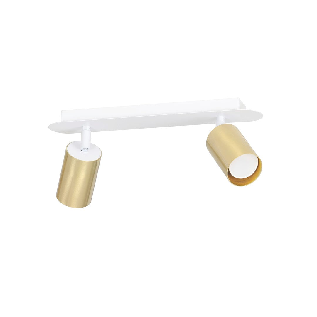Plafonnier blanc à deux spots cylindriques dorés orientables, vue de face sur fond blanc