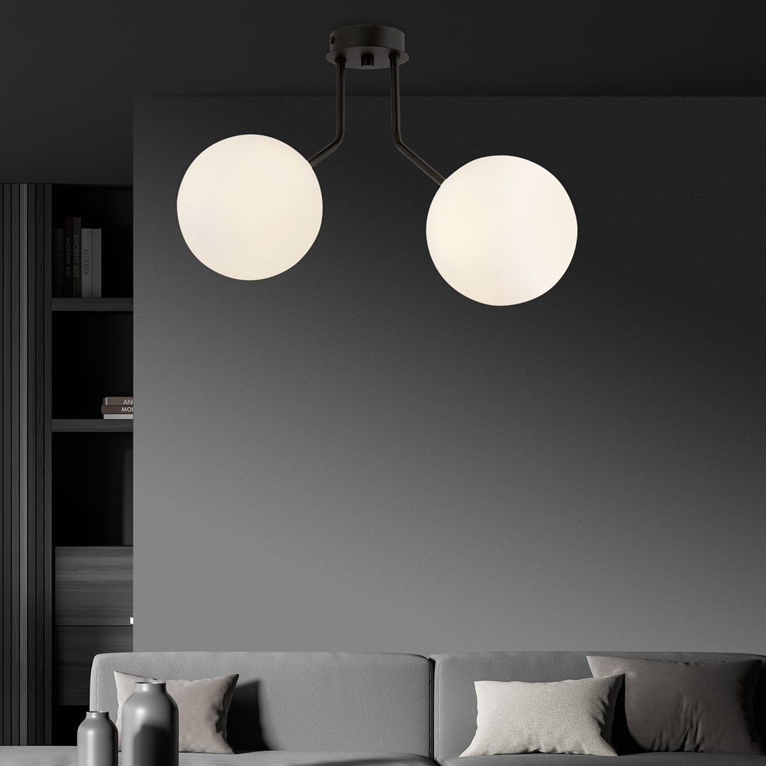 Nova 2-light pendant, black, opal glass