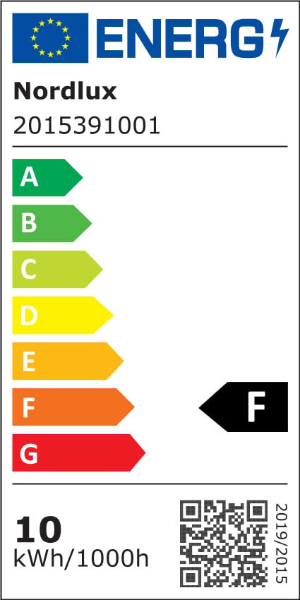 Étiquette énergie européenne du luminaire indiquant la classe F et 10 kWh/1000h