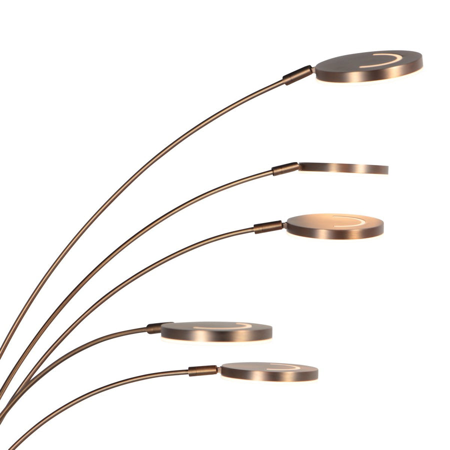 Détail des cinq têtes rondes en bout de bras, avec éclairage LED visible.