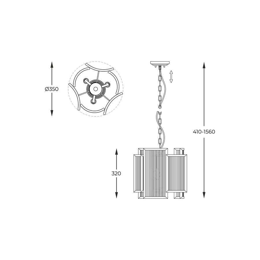 Schéma technique coté, dimensions du luminaire et hauteur réglable