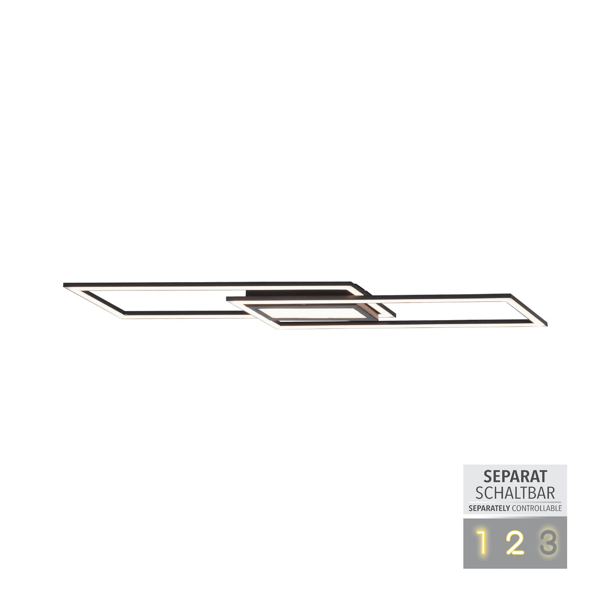 Vue de face du plafonnier avec étiquette SEPARAT SCHALTBAR et zone centrale éclairée.