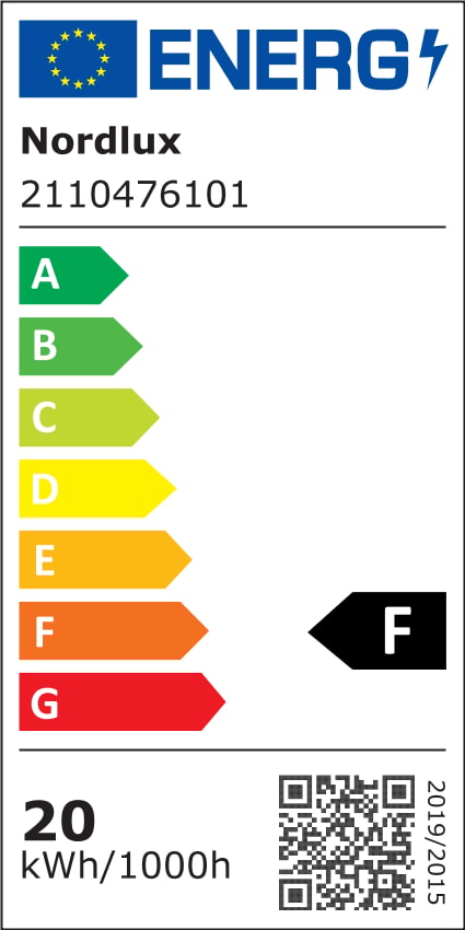 Étiquette énergie européenne indiquant la classe F et 20 kWh/1000h