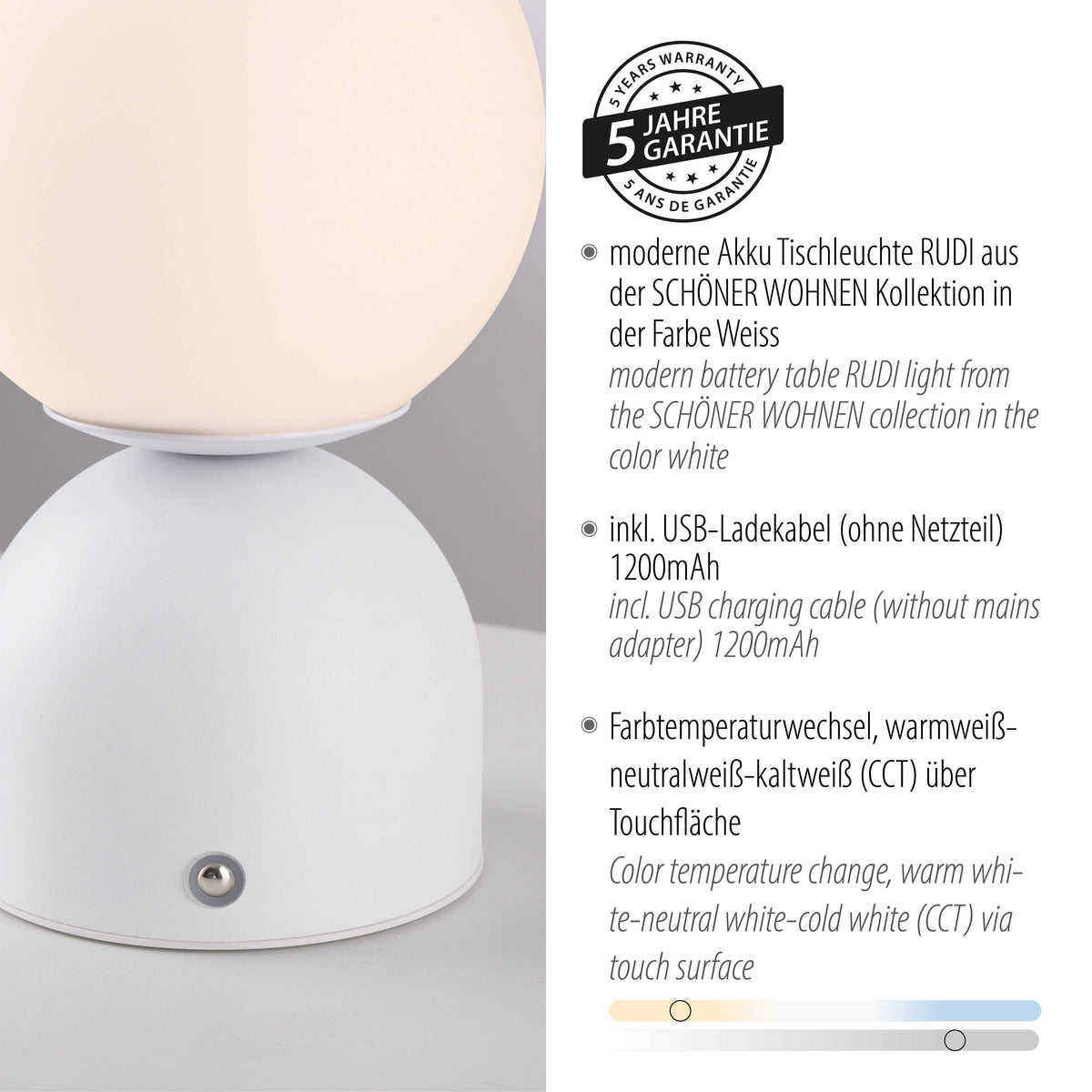 Détail du socle blanc avec bouton tactile et texte sur garantie, USB et température de couleur.