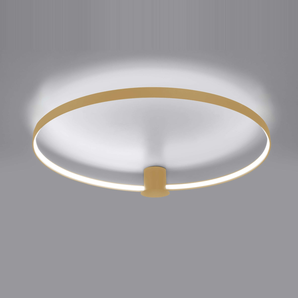 Luminaire allumé éclairant le plafond, halo lumineux autour de l'anneau doré.