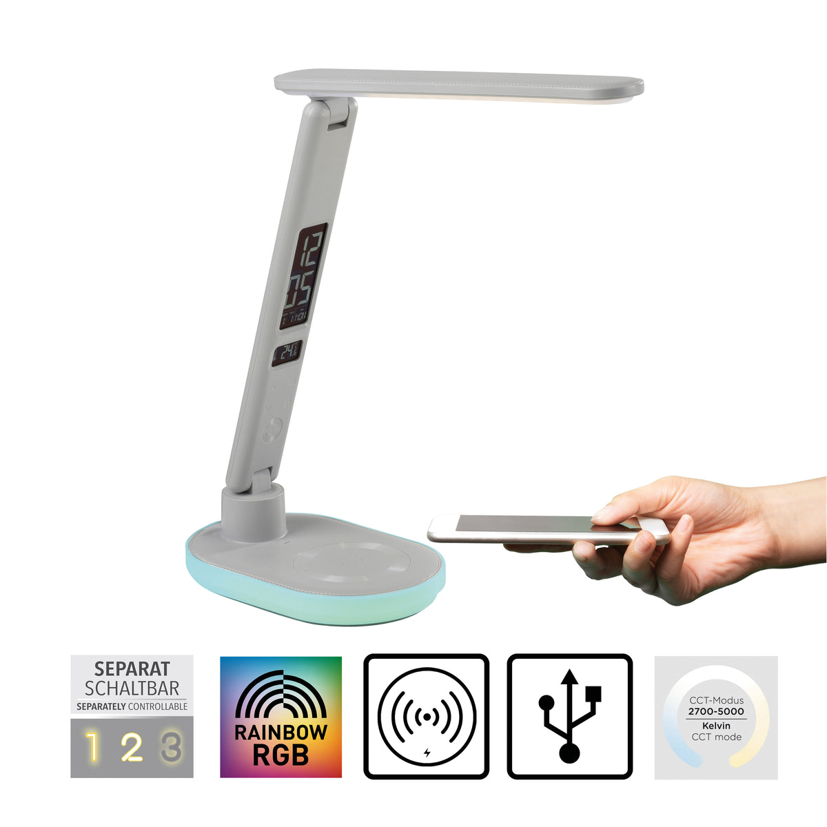 Main tenant un smartphone au-dessus du socle, icônes des fonctions sans fil et RGB.