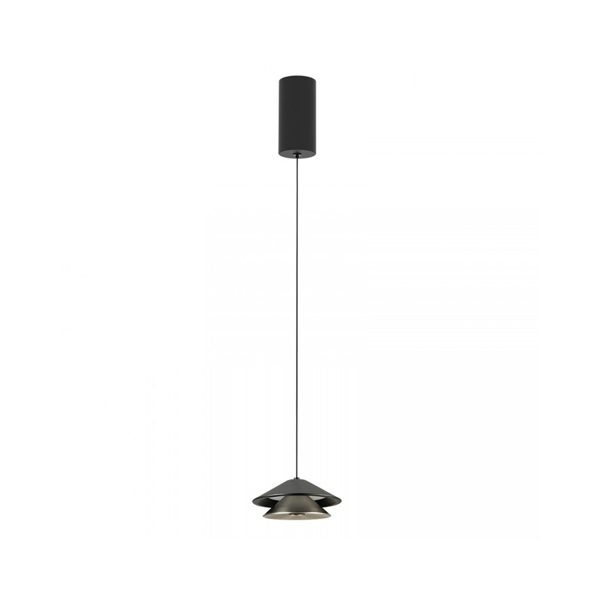 Suspension présentée de face sur fond clair, silhouette fine et diffuseur conique