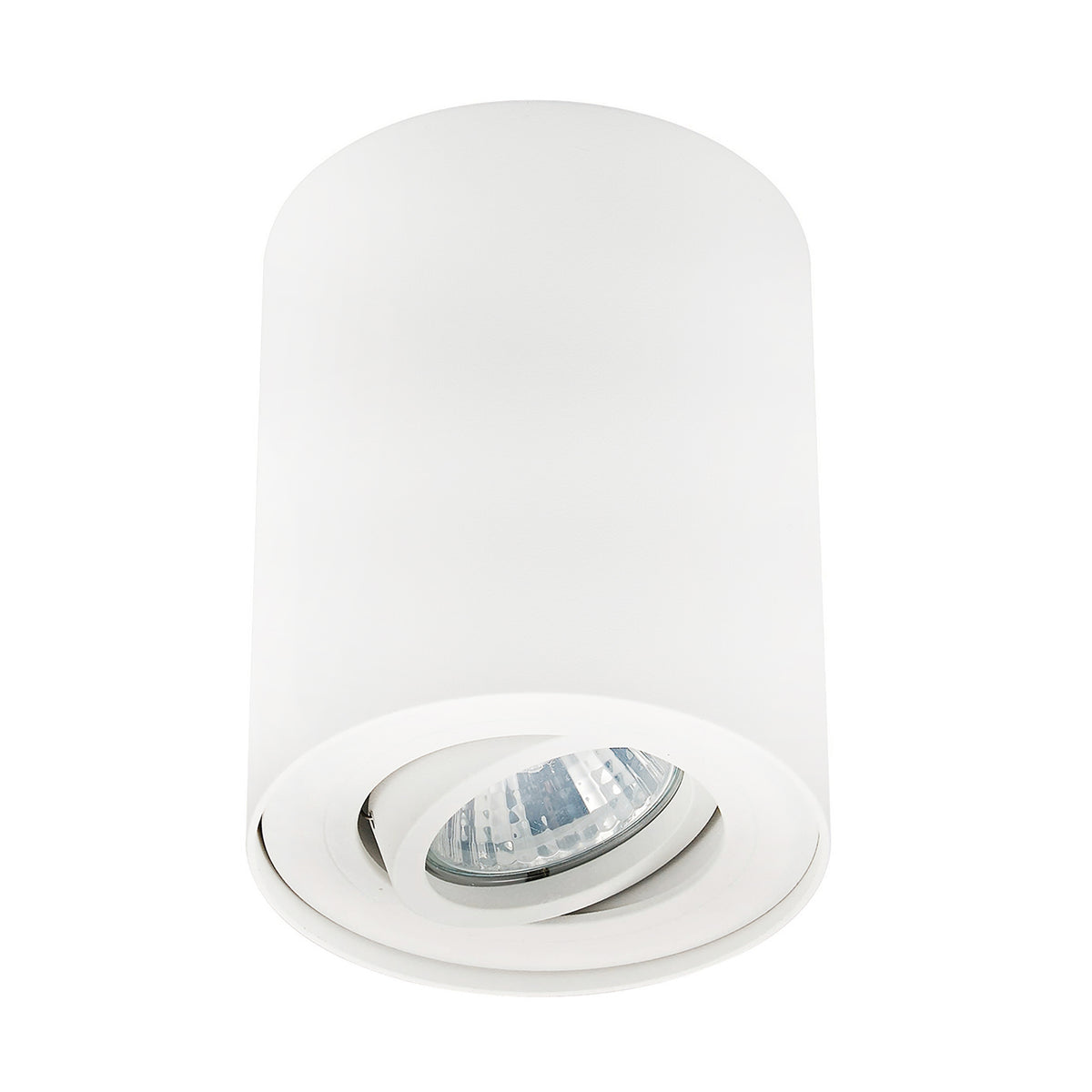 Spot blanc de face, corps cylindrique arrondi et projecteur orientable intégré.