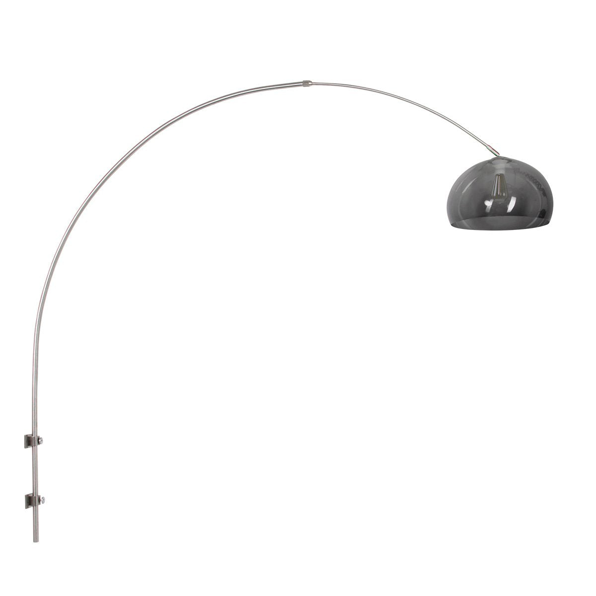 Vue de face du luminaire entier, arche métallique et abat-jour bombé fumé