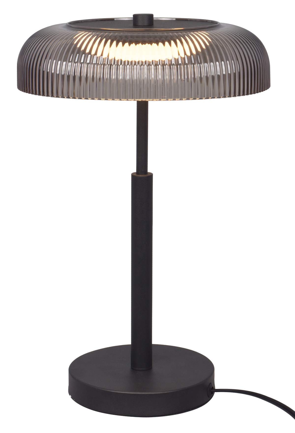 Lampe à poser noire vue de face, abat-jour en verre gris strié, socle rond