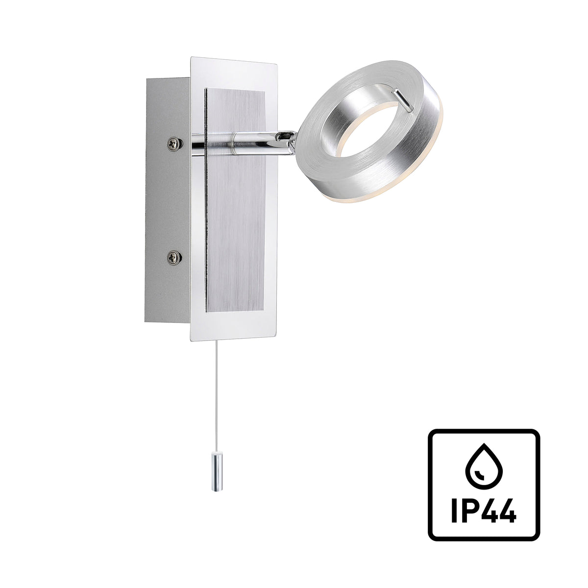 Vue du luminaire sur fond blanc avec pictogramme IP44 signalant résistance aux projections.