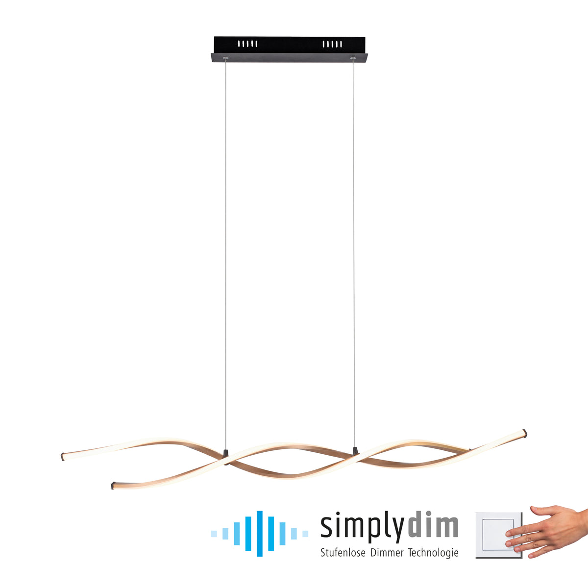 Suspension avec logo simplydim et main actionnant un variateur, fond blanc.