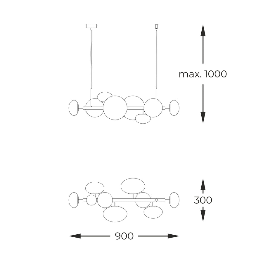 Schéma de dimensions du luminaire : hauteur maximale 1000 mm, largeur 900 mm, profondeur 300 mm.