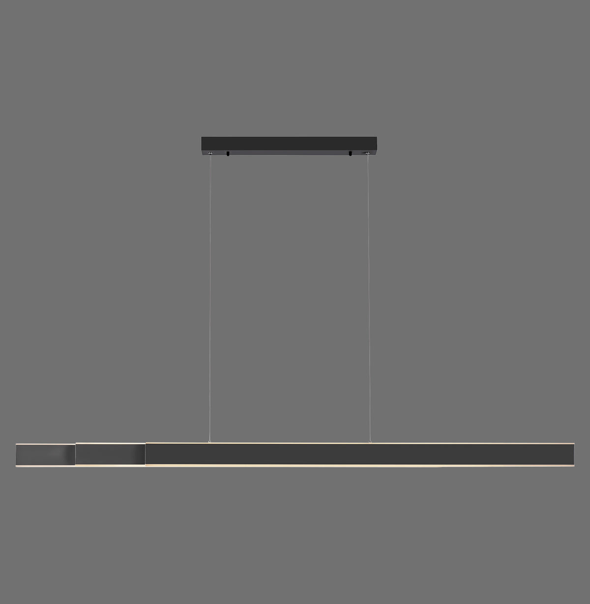 Vue de profil du bandeau suspendu anthracite et de ses deux câbles fins