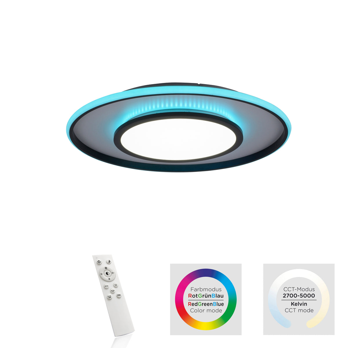 Vue du plafonnier avec télécommande, roue chromatique RVB et plage de températures Kelvin