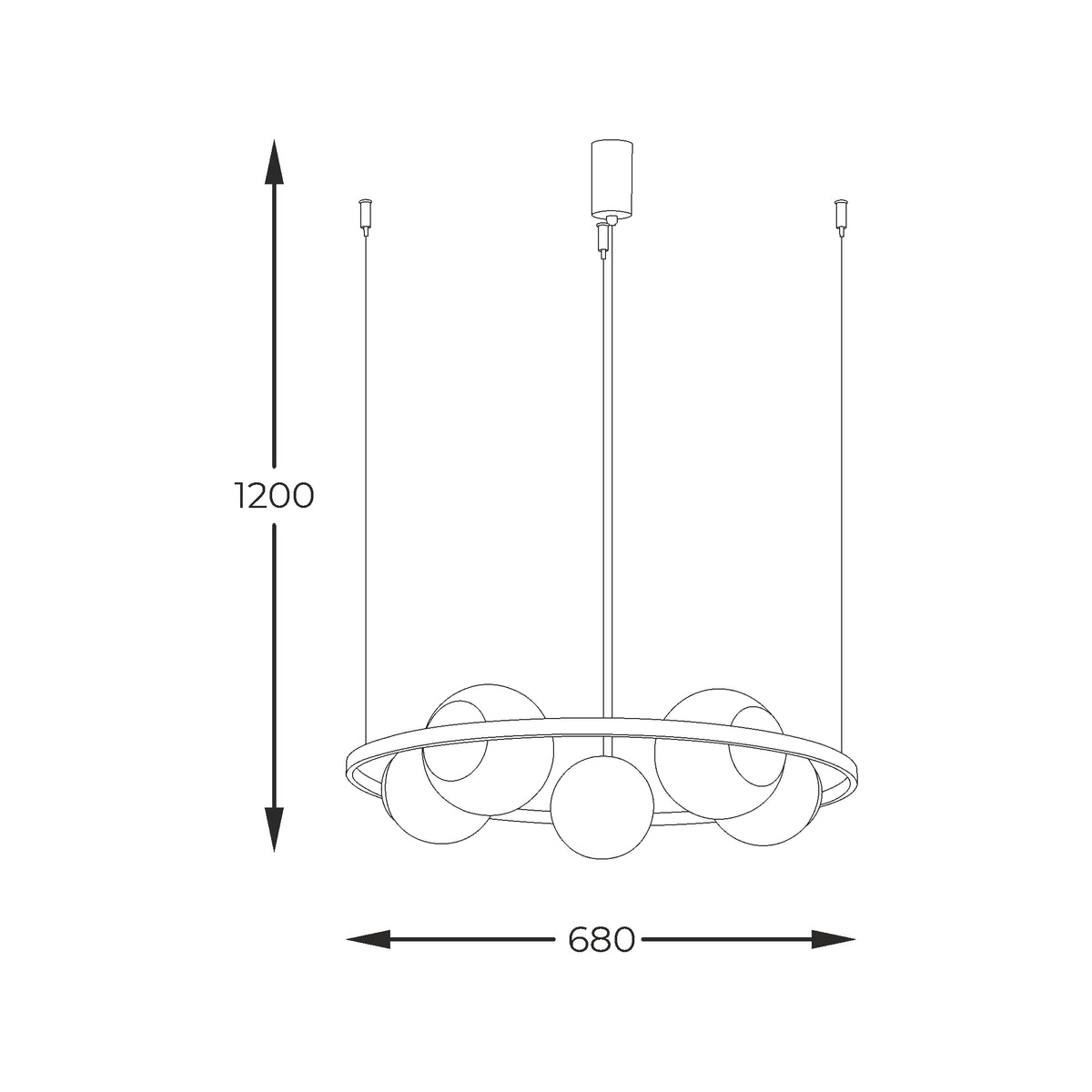 Schéma coté du luminaire, hauteur 1200 mm et diamètre 680 mm
